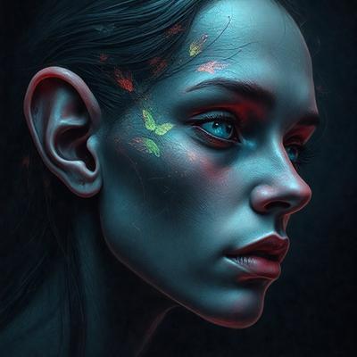The primary subject of the image is a woman with blue eyes and a blue-toned face. She has a tattoo on her face, and her eyes are painted blue. The setting is a dark room, and the visual style is a digital art or illustration. The colors and mood of the image are predominantly blue, creating a moody and artistic atmosphere.